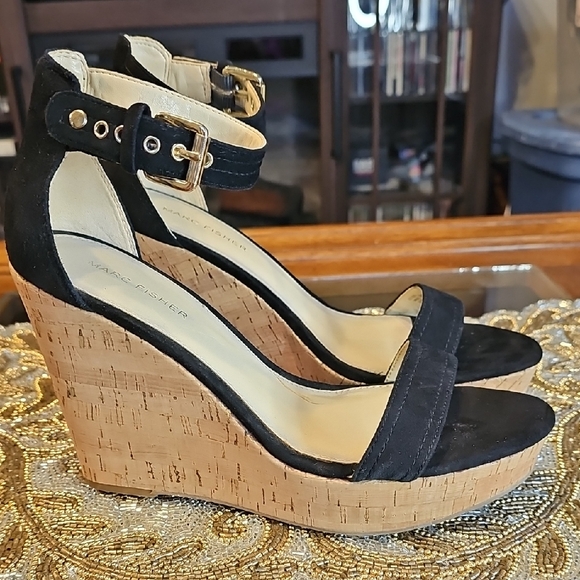 Marc Fisher Shoes - Marc Fisher Black and Natural Cork Wedges